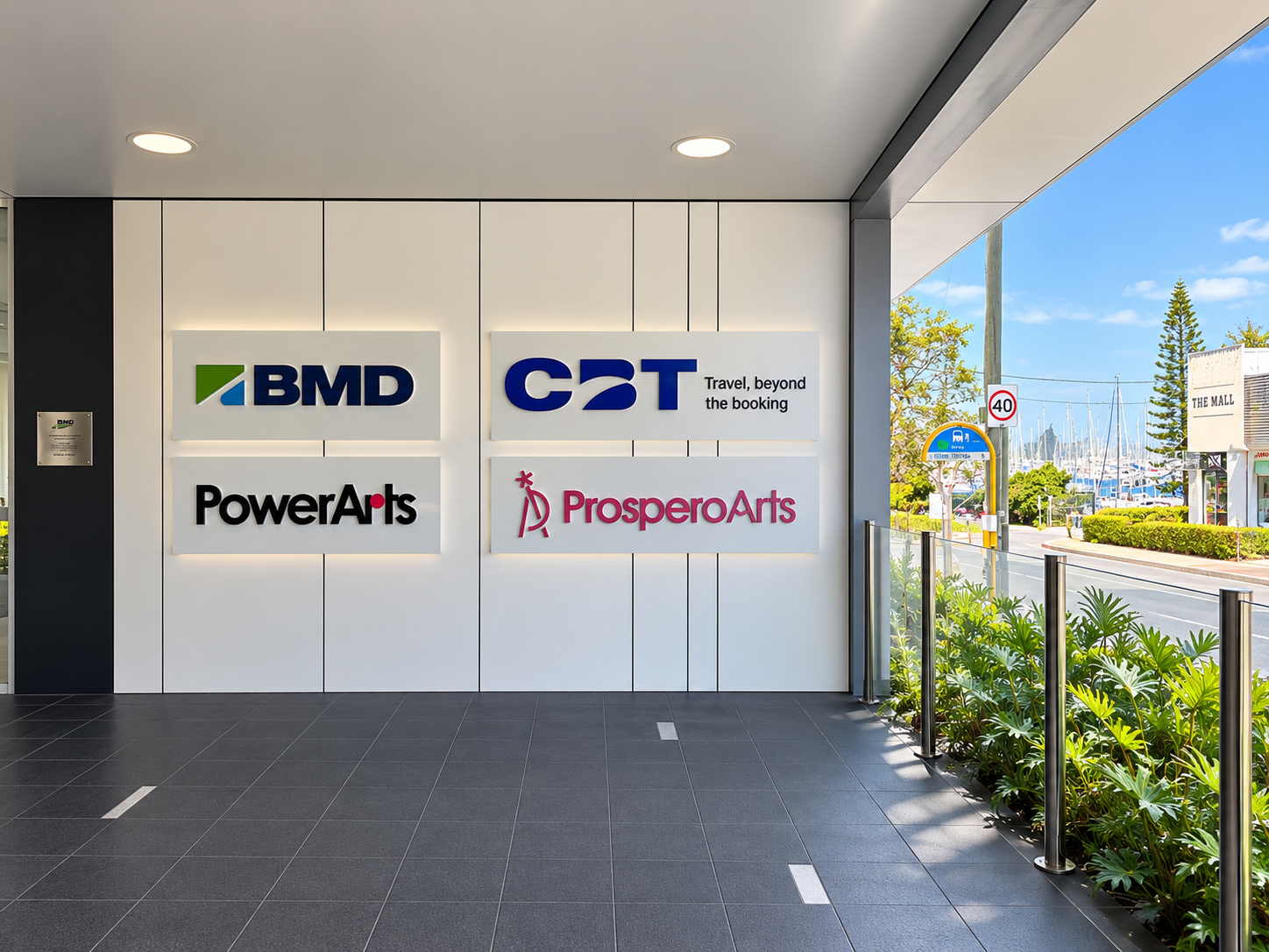 CBT office signage at Manly Harbour Village in Manly, Queensland, overlooking the marina.